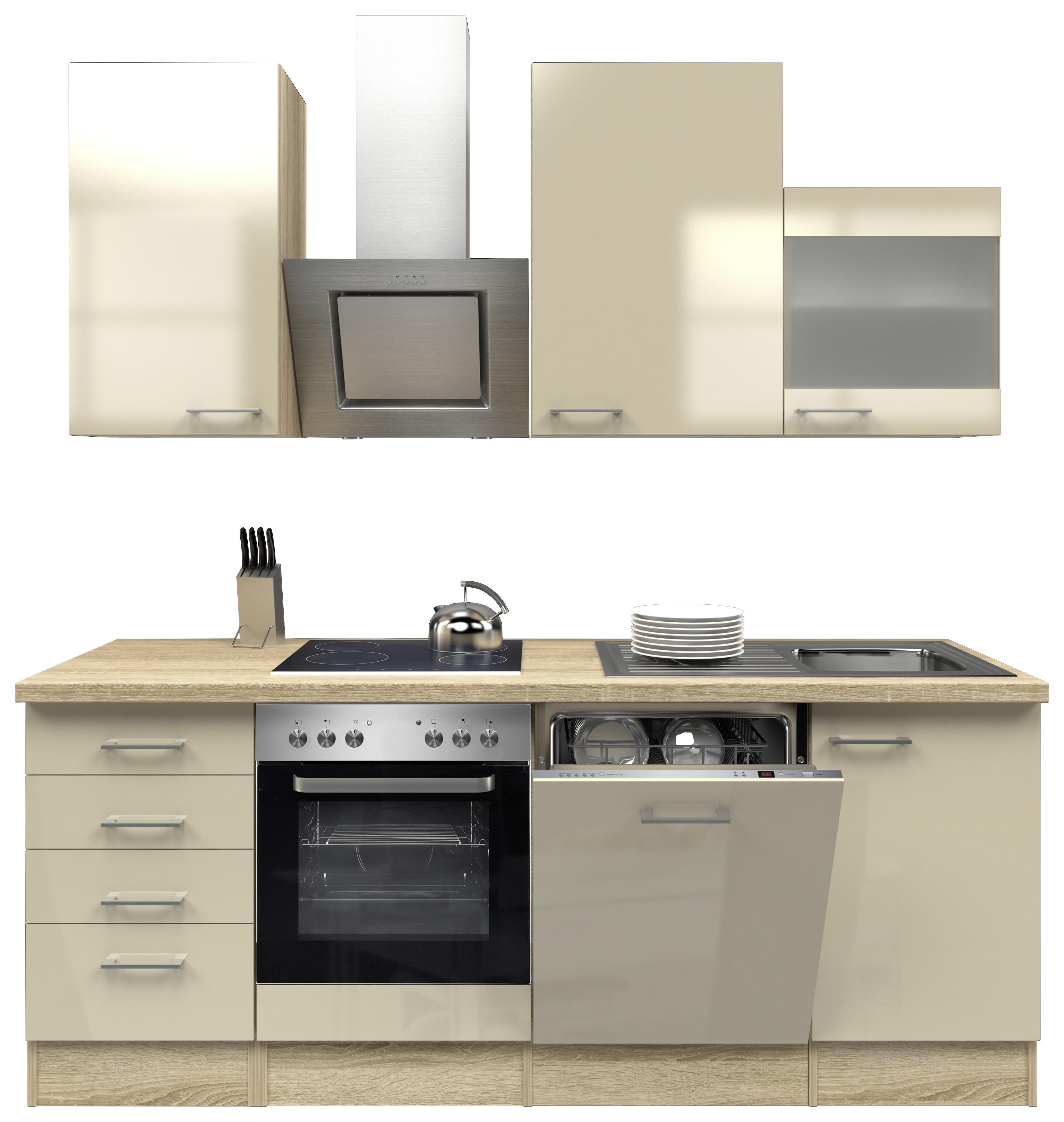 Küchenzeile Nepal mit Geräten 220 cm Kaschmir/Eiche Dekor - Kaschmir/Sonoma Eiche, MODERN, Glas/Holzwerkstoff (220cm) - FlexWell