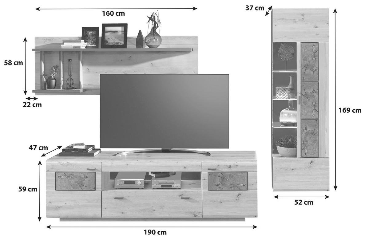 Wohnwand Madera II 40a6hh82 - Eichefarben/Graphitfarben, MODERN, Glas/Holzwerkstoff (285/193/47cm) - Livetastic