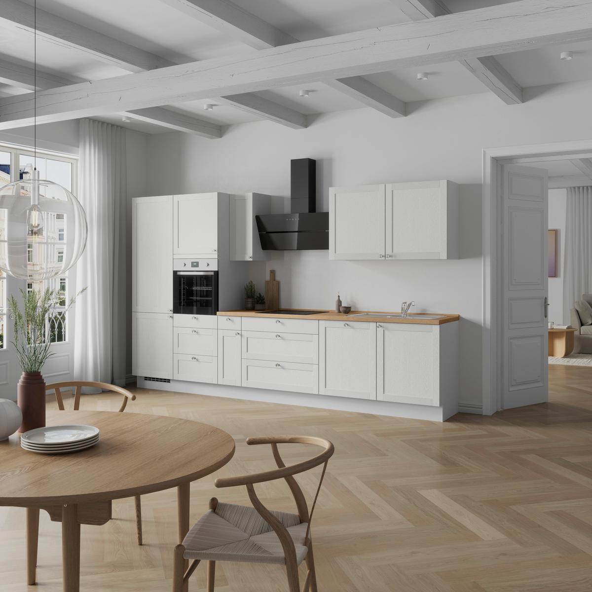 Kuchynská linka 360 cm, biela / dub Sierra - biela/farba ušľachtilej ocele, Romantik / Landhaus, kov/kompozitné drevo (360cm) - Nobilia