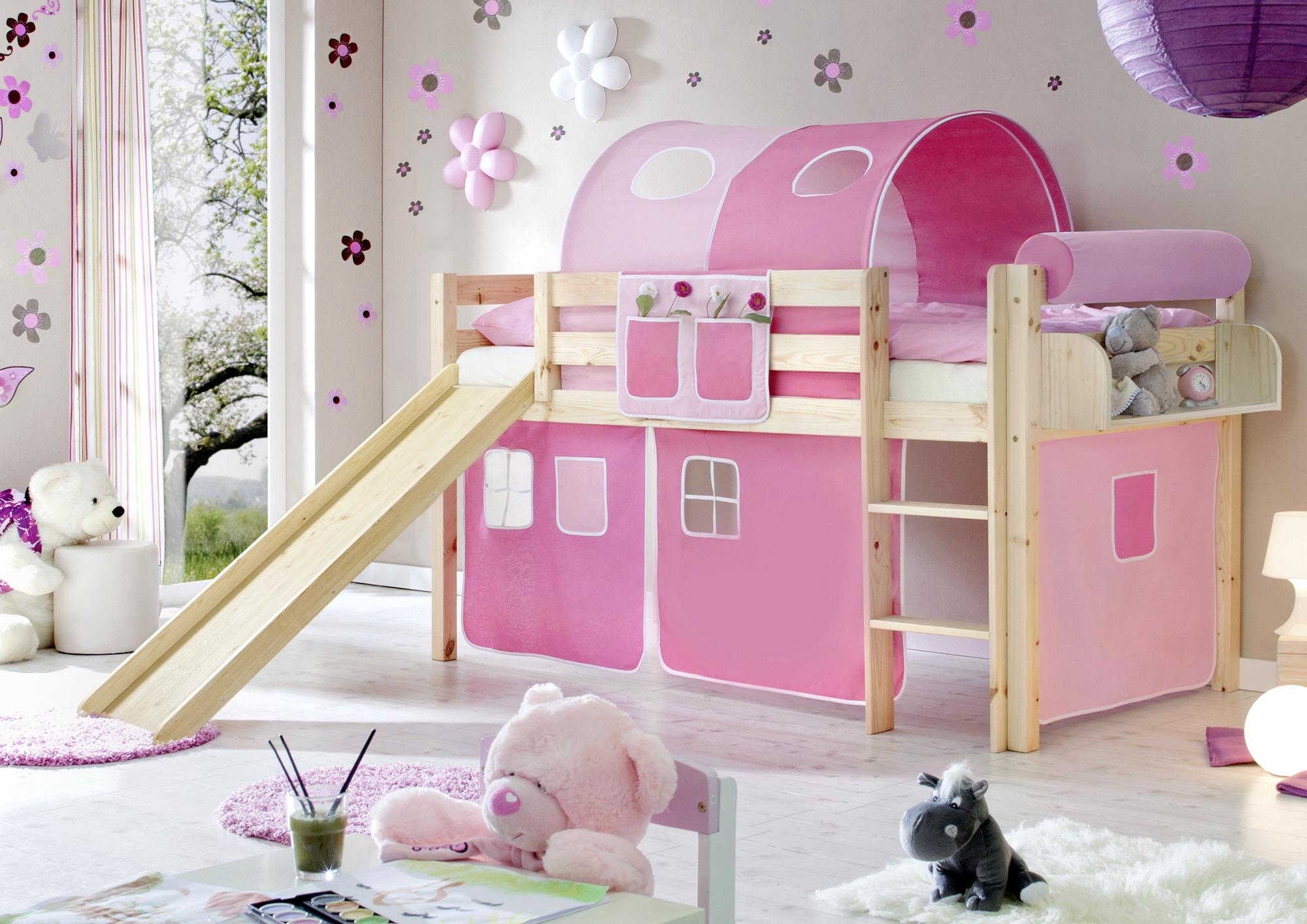 Spielbett Manuel Rosa Kiefer Massiv 90 Cm Rutsche Leiter - Hellrosa/Rosa, Natur, Holz (90/200cm) - MID.YOU