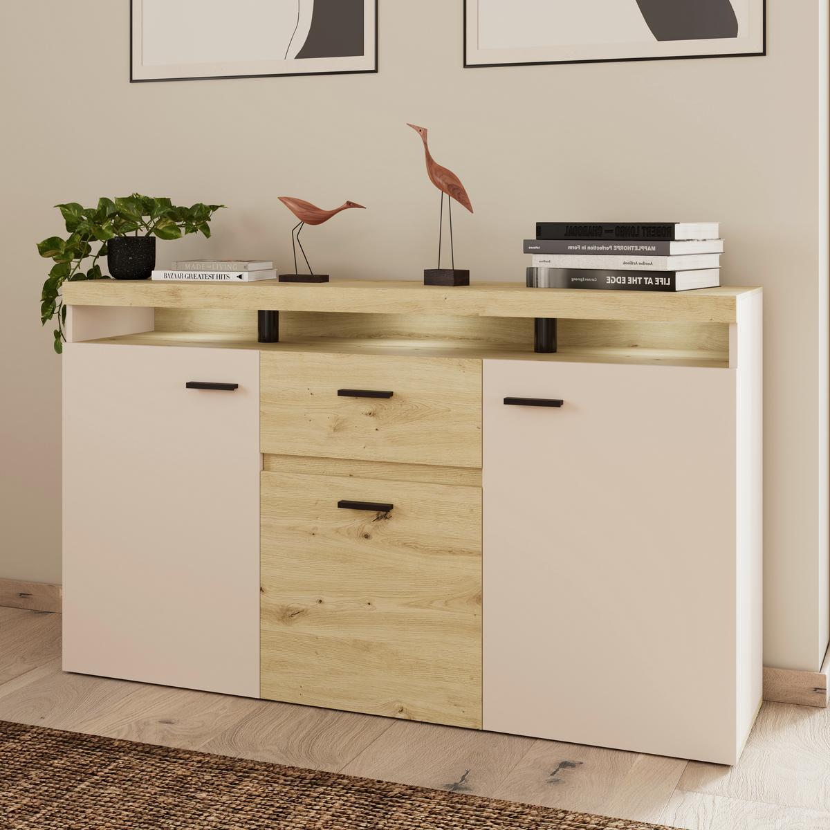 Tálalószekrény Strada - kasmírszínű/Artisan tölgy, Trend, faalapú anyag/üveg (151/89/37cm) - Best Price