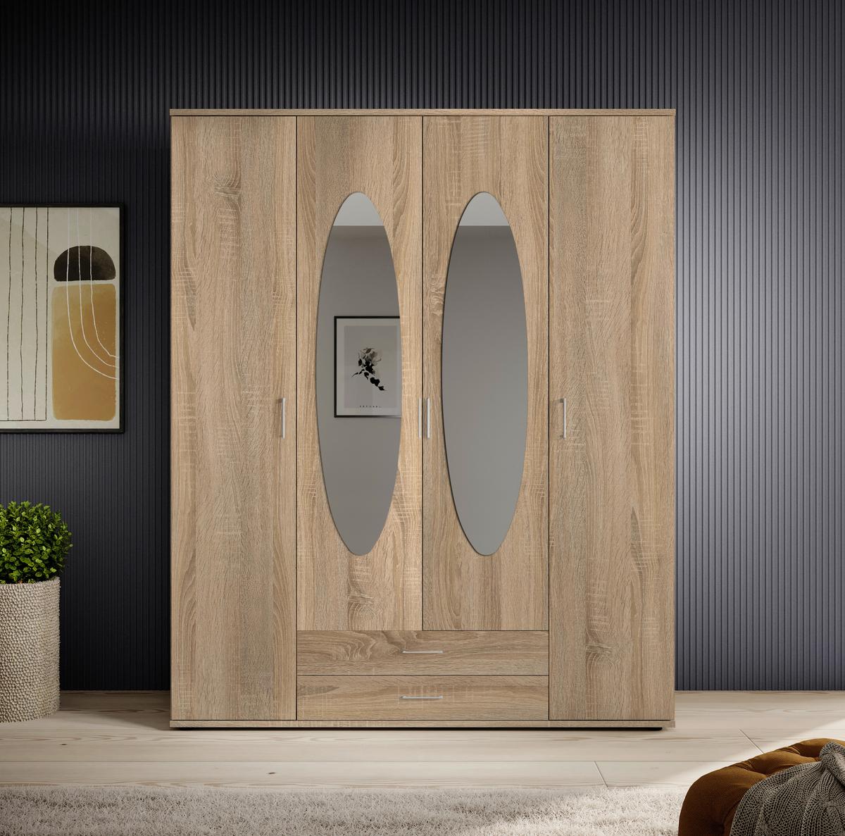 Drehtürenschrank Mit Spiegel 159cmpaul,eiche Sonoma 4-Türig - Sonoma Eiche, Basics, Glas/Holzwerkstoff (159/196/54cm)