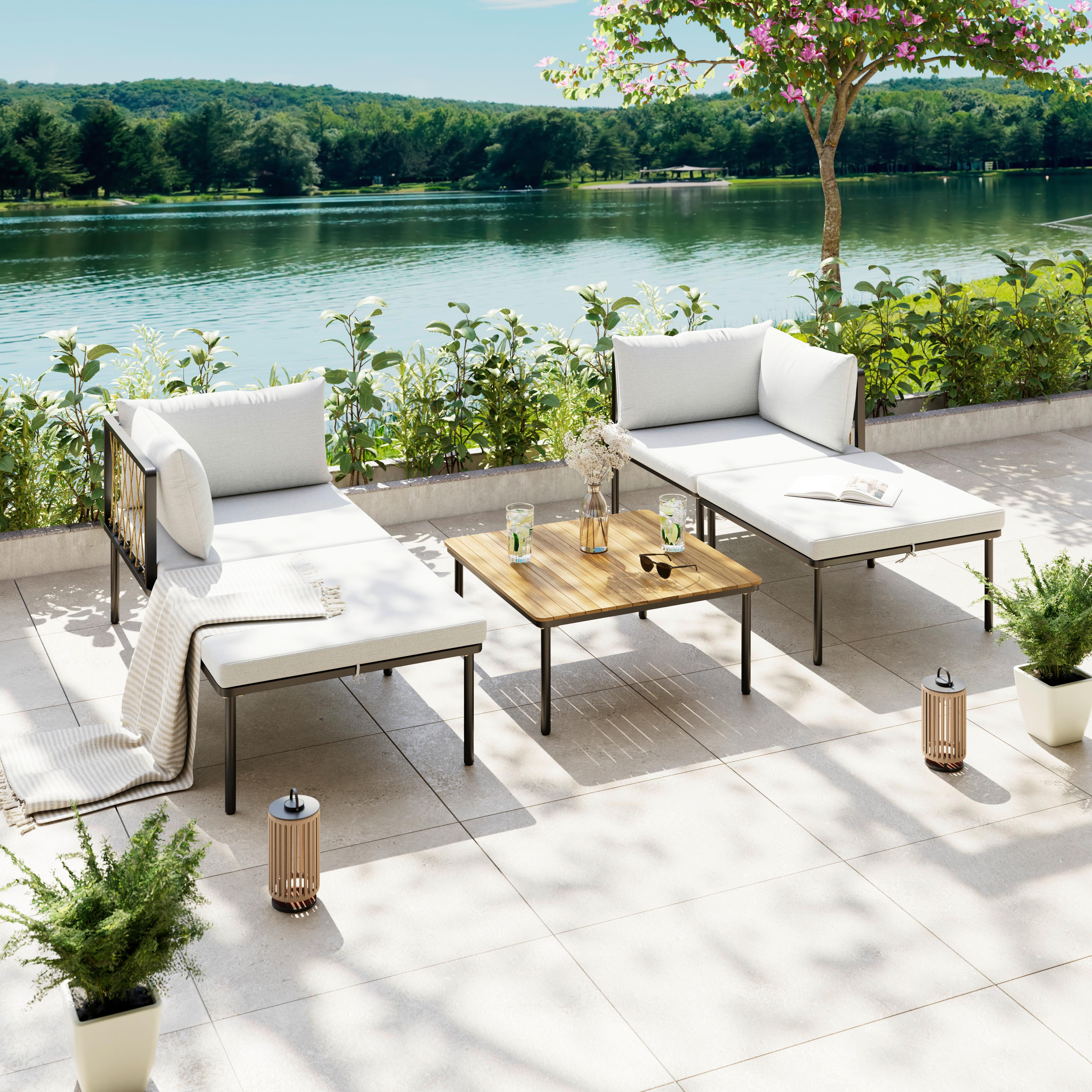 Loungegarnitur 5-tlg. Vienna Aus Akazie Mit Kissen - Schwarz/Grau, MODERN, Holz/Textil - Beldano