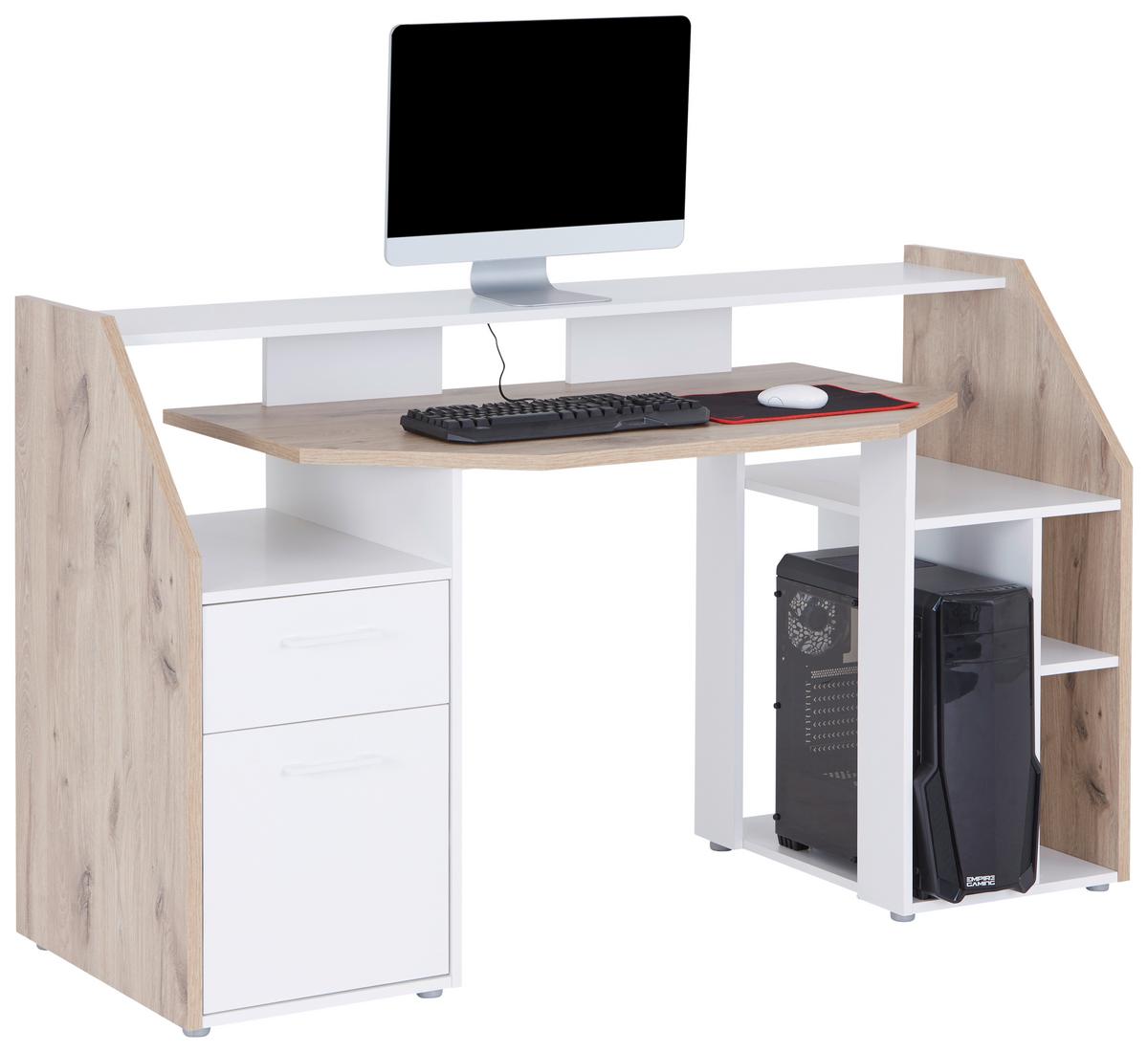 Gamingtisch Alex - Eichefarben/Weiß, KONVENTIONELL, Holzwerkstoff/Kunststoff (160/95/67cm)
