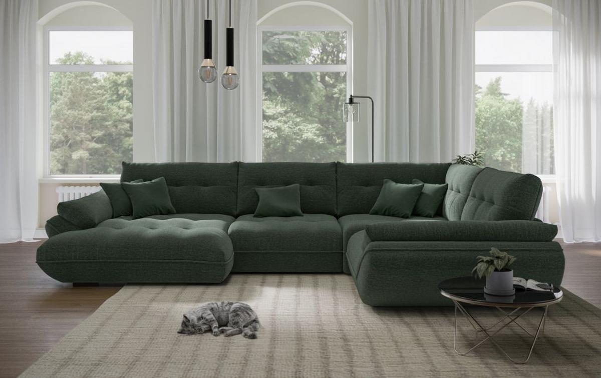 Sedací souprava VIVO U, pravá, lesní zelení žinylka - černá/lesní zelená, Moderní, textil/plast (179/402/293cm)