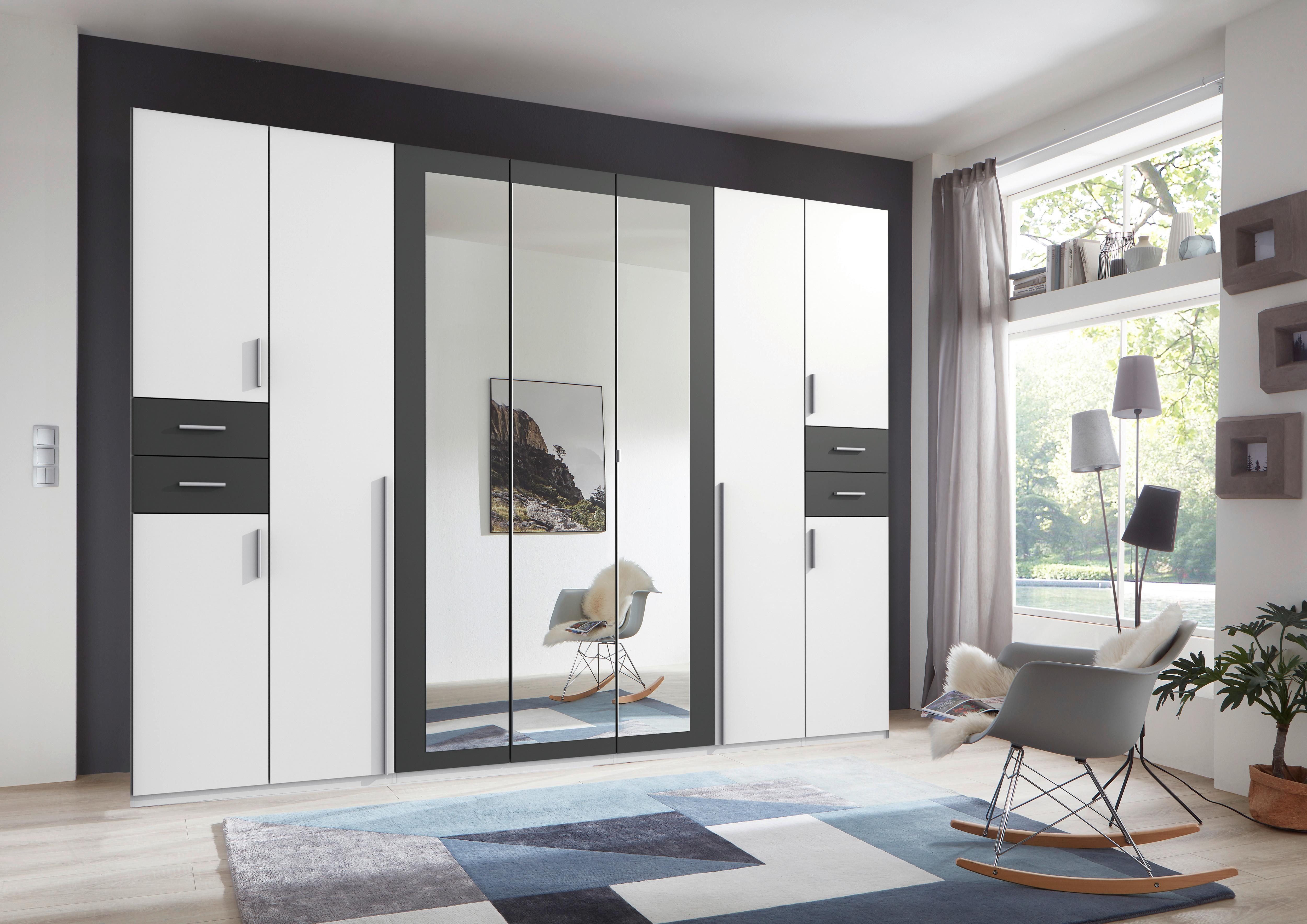 Drehtürenschrank Mit Spiegel + Laden B: 313 cm Vegas, Weiß - Graphitfarben/Weiß, Basics, Holzwerkstoff (313/208/58cm) - MID.YOU