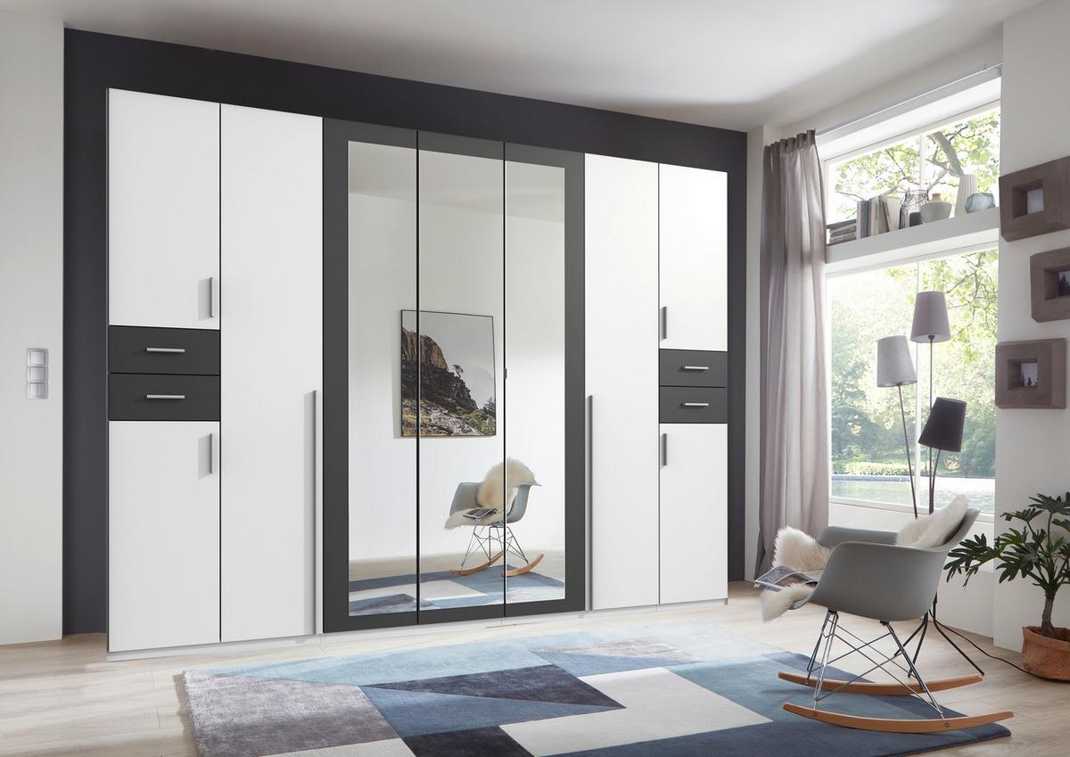 Drehtürenschrank Mit Spiegel + Laden B: 313 Cm Vegas, Weiß - Graphitfarben/Weiß, Basics, Holzwerkstoff (313/208/58cm) - MID.YOU
