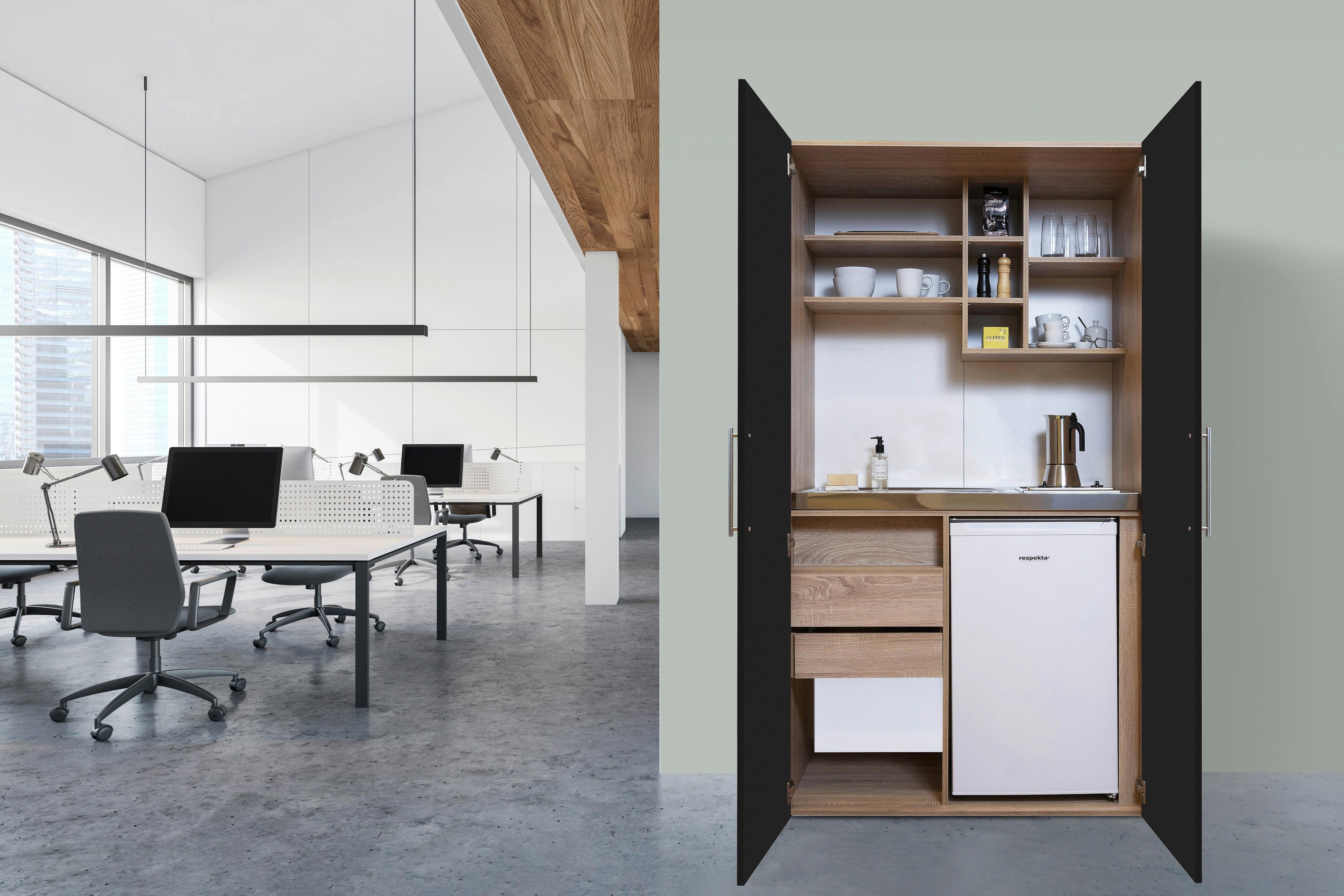 Schrankküche mit Kühlschrank + Kochfeld 104 cm Schwarz - Edelstahlfarben/Eichefarben, KONVENTIONELL, Holzwerkstoff/Metall (104/193/67cm) - Respekta