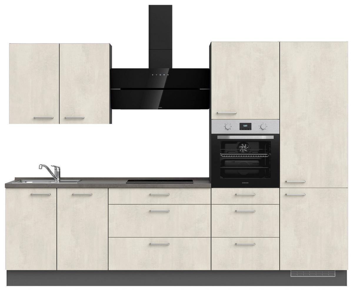 Kuchynská linka 300CM biely betón/ bridlicová šedá - biela/farba ušľachtilej ocele, Modern, kov/kompozitné drevo (300cm) - Nobilia