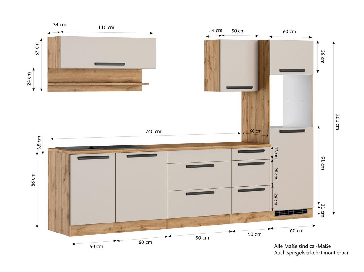 Küchenleerblock Aveiro Kaschmir/Eiche Wotan B: 300cm - Kaschmir/Eiche Wotan, Trend, Holzwerkstoff (300cm) - Held