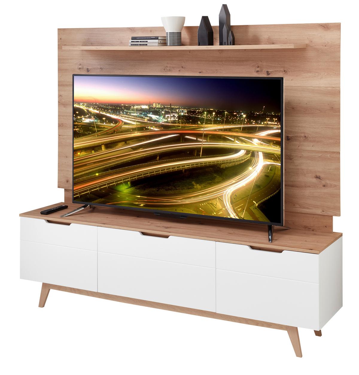 Wohnwand Media-L Weiß/Eiche Dekor - Eichefarben/Eiche Artisan, Design, Holzwerkstoff (200/180/42cm) - Livetastic
