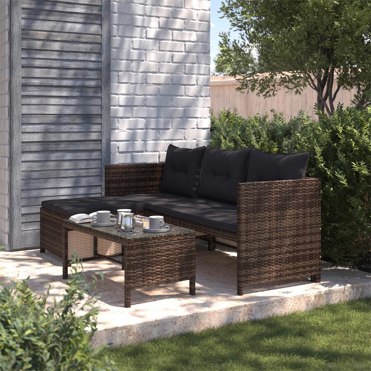 Loungegarnitur 3-Tlg. Vegas Polyrattan/Stahl mit Kissen - Graubraun/Schwarz, MODERN, Glas/Kunststoff - Luca Bessoni