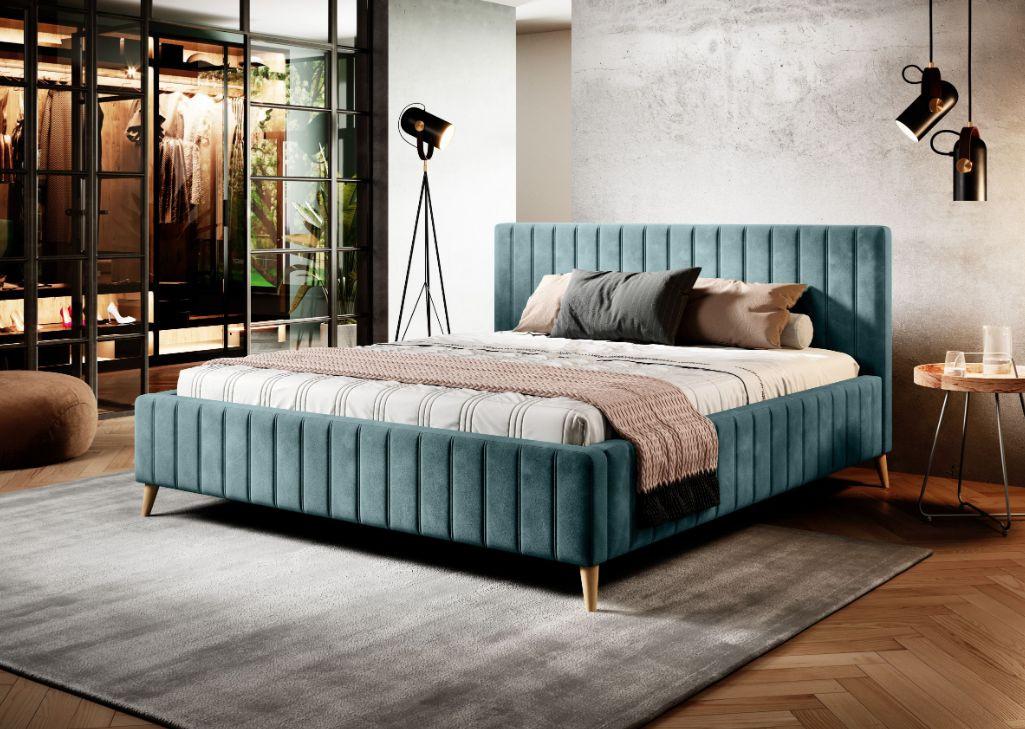 Čalúnená posteľ Tamina s roštom 160x200cm - prírodná farba/tyrkysová, Design, drevo/textil (160/200cm)