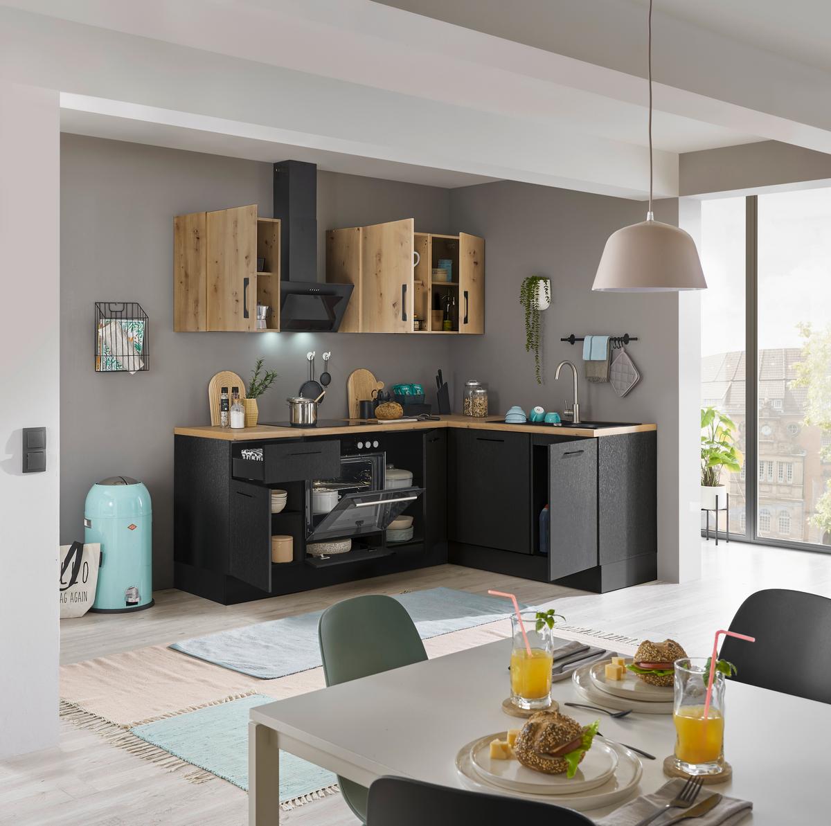 Eckküche Turin Schwarz/Eiche Dekor 220x175 cm - Schwarz/Eiche Artisan, Basics, Holzwerkstoff (220/175cm) - MID.YOU