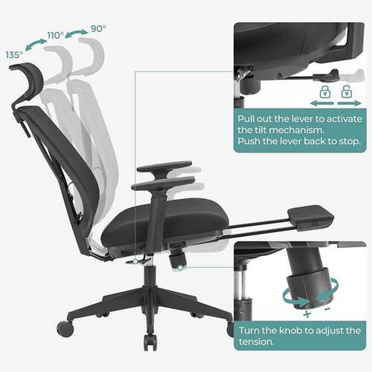 Bürostuhl mit Fußstütze Schwarz, Bis 150 Kg - Schwarz, Basics, Textil/Metall (68,5/133/70cm) - Boxxx