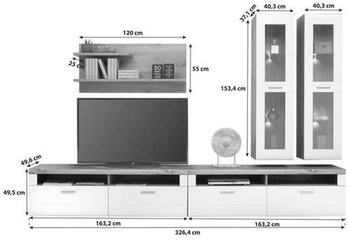 Wohnkombination 5-Tlg. Auris, Weiß/Eiche Dekor - Eichefarben/Weiß, MODERN, Glas/Holzwerkstoff (326,4/204,2/49,6cm) - Luca Bessoni