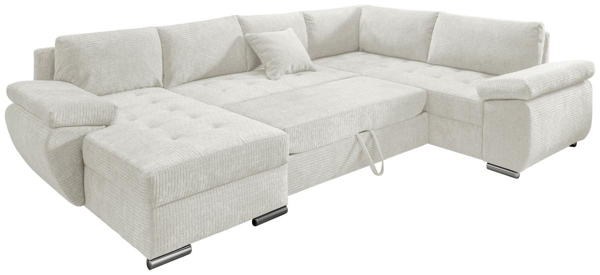 Wohnlandschaft Terana Creme mit Schlaffunktion, Mikrofaser - Chromfarben/Creme, KONVENTIONELL, Textil (157/305/219cm) - Livetastic