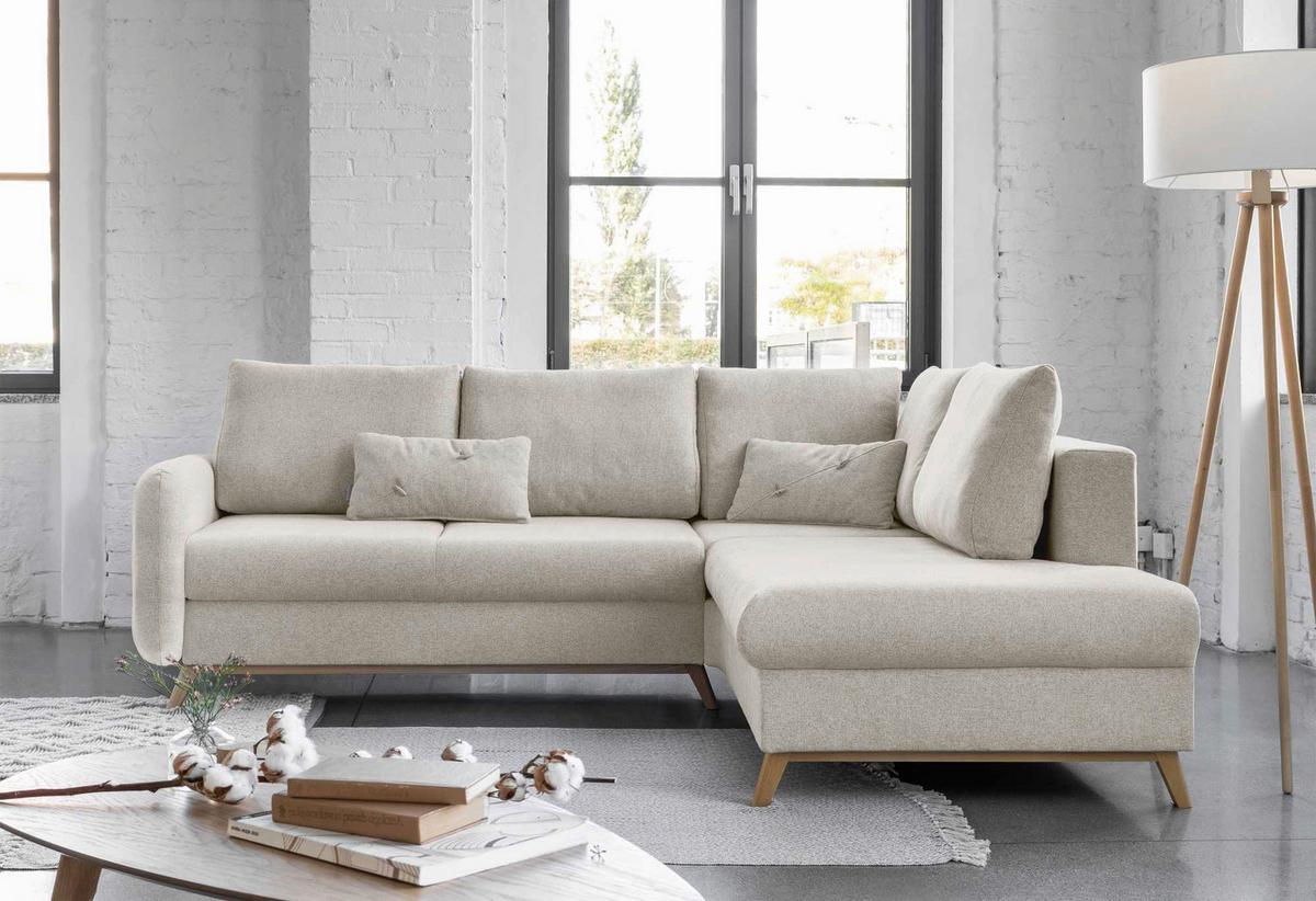 Sedačka LUCILE L, pravá, béžová, úl.prostor a lůžko - přírodní barvy/béžová, dřevo/textil (242/202cm) - MID.YOU