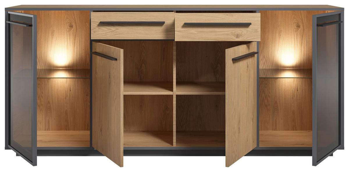 Sideboard Nadiro B: 187 cm Wildeiche Dekor/Schwarz Matt - Eichefarben/Schwarz, Trend, Glas/Holzwerkstoff (187/83/40cm) - Livetastic