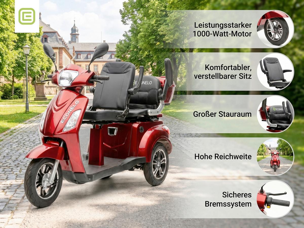 E-Seniorenmobil Billy 2.0 Blei-Akku, 3 Rad, 1000 Watt - Bordeaux, Basics, Metall (165/80/110cm)