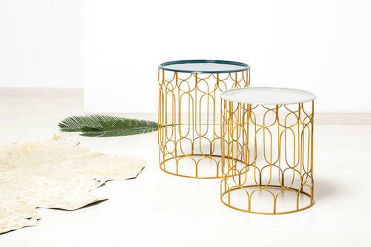 Beistelltisch 2er-set Rund Timba, Petrol/hellgrau/gold - Türkis/Goldfarben, MODERN, Metall (38 / 43/38/43/44 / 49cm) - Kayoom