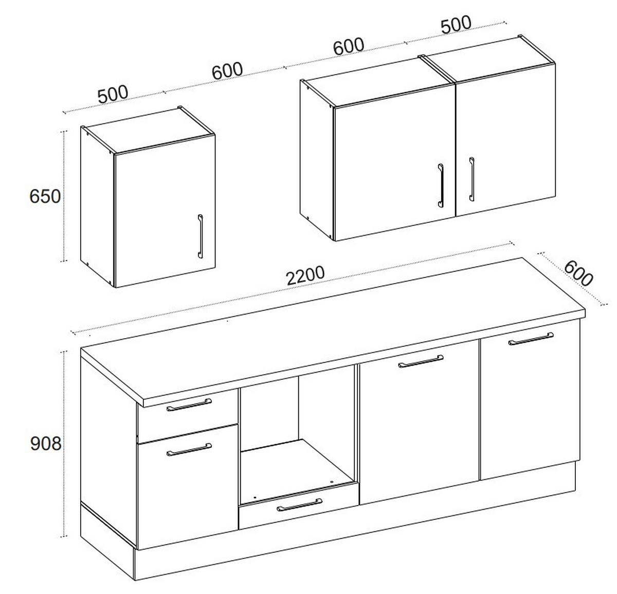 Kuchyňský blok LINZ šířka 220 cm, bez spotřebičů - šedá/černá, Moderní, kov/kompozitní dřevo (220cm)