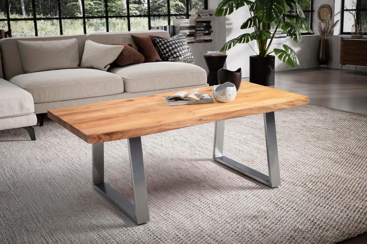 Couchtisch Couchtisch - Chromfarben/Akaziefarben, Design, Holz/Metall (120/60/46cm) - MID.YOU