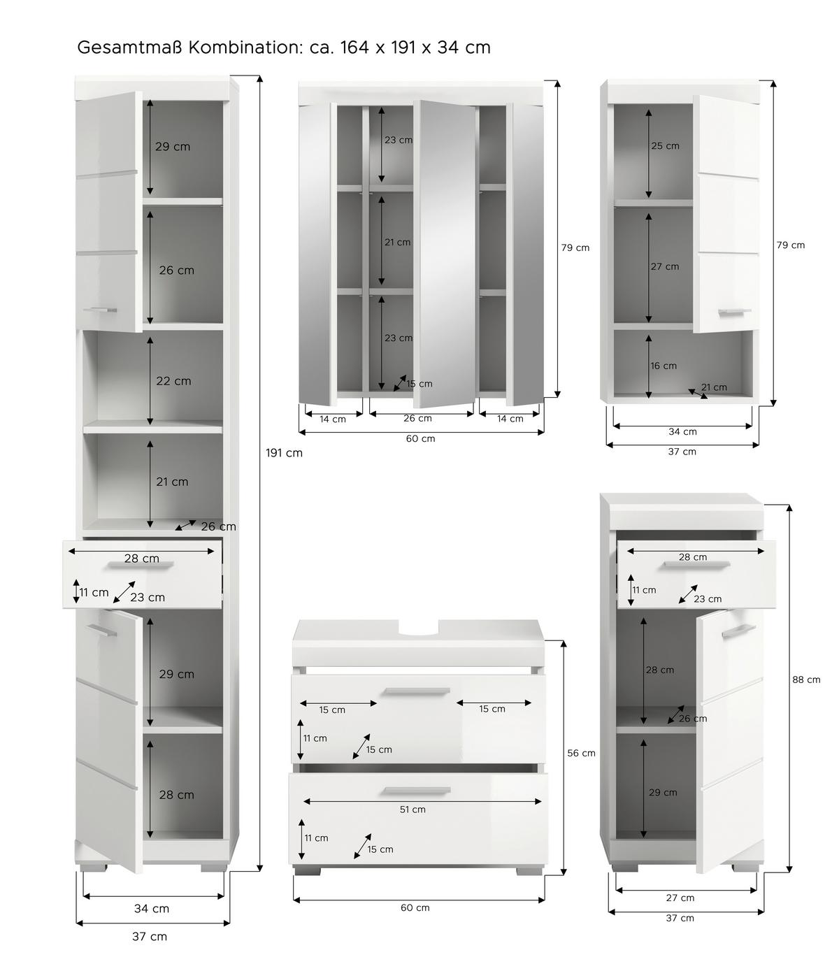Badezimmer Scout Weiß B: 134 cm - Weiß Hochglanz/Silberfarben, MODERN, Glas/Holzwerkstoff (134cm) - MID.YOU