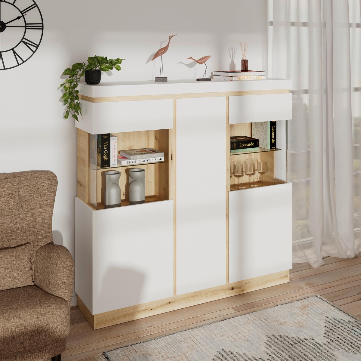 Highboard Calabria Weiß/Eiche Dekor B: 166,8 cm - Eichefarben/Weiß, Trend, Glas/Holzwerkstoff (166,8/163/40cm)