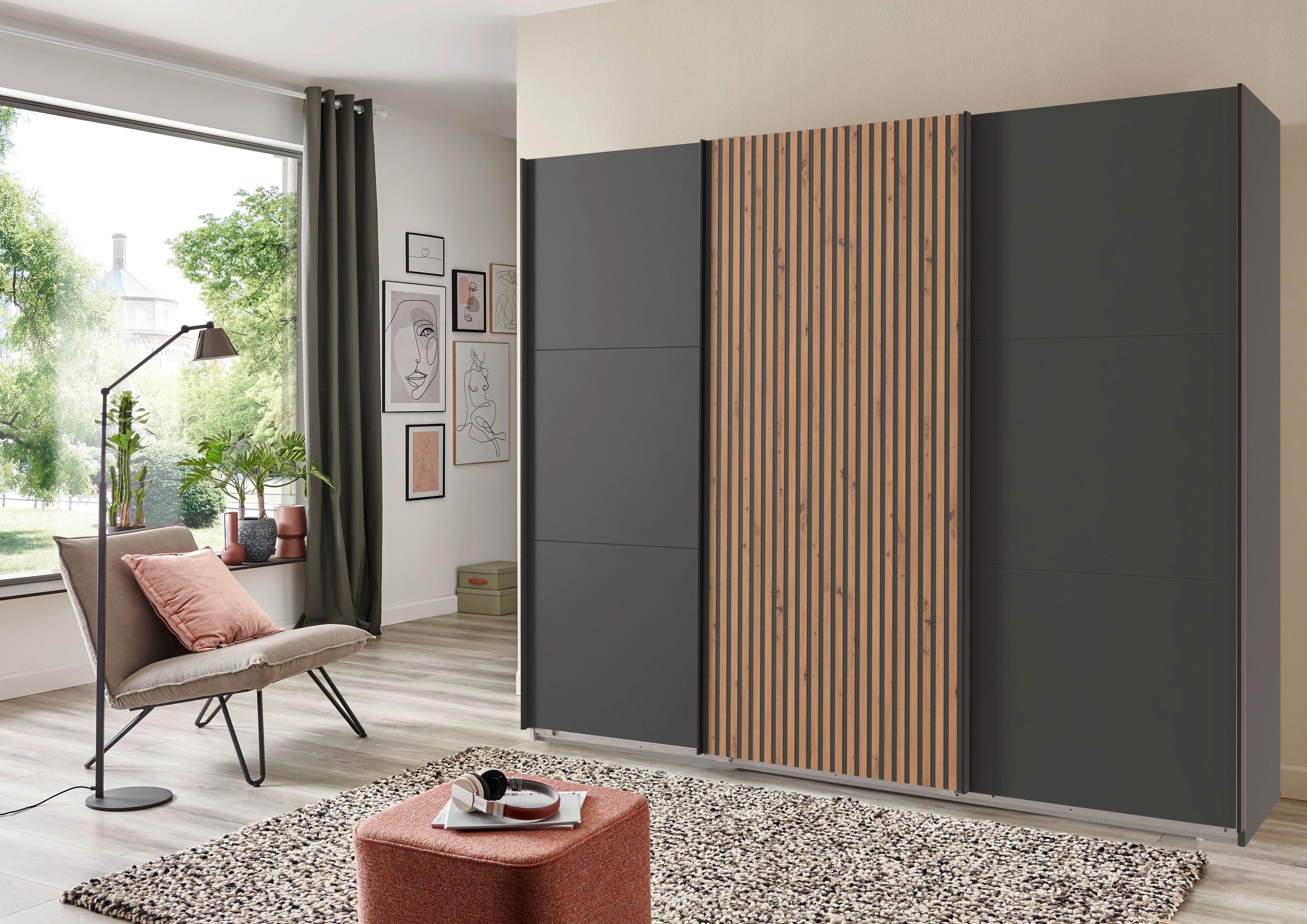 Schwebetürenschrank Andorra Eiche/graphitfarben B: 300 Cm - Eichefarben/Graphitfarben, MODERN, Holzwerkstoff (300/216/65cm) - MID.YOU