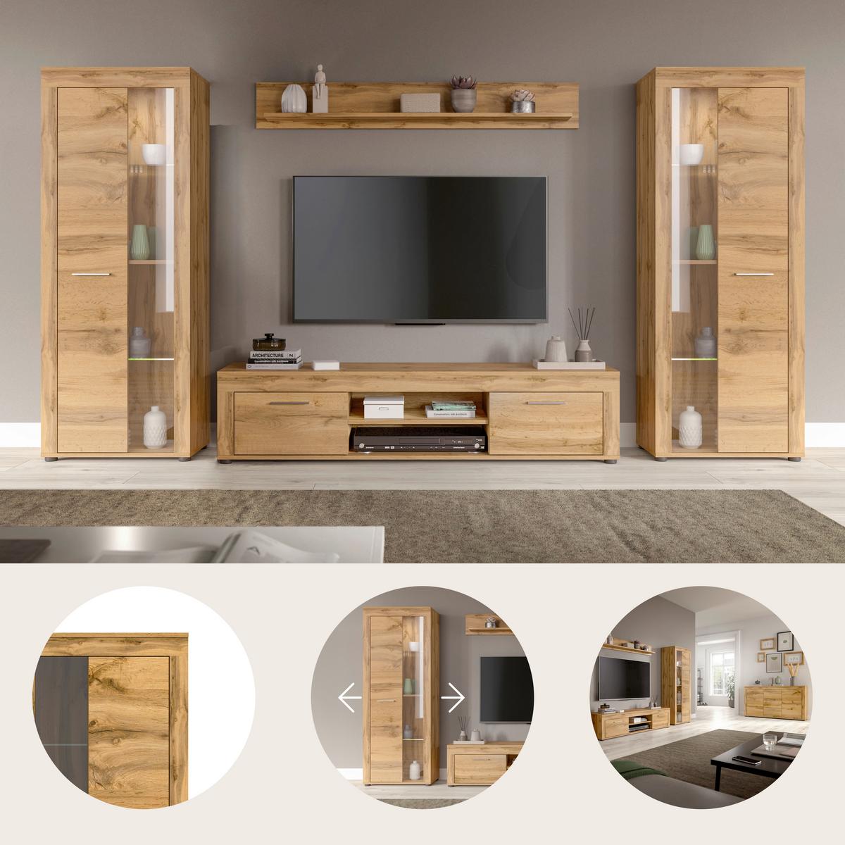 Wohnwand Jam Eiche Wotan Dekor B: 310cm - Eiche Wotan/Schwarz, Design, Glas/Holzwerkstoff (310/159/35cm) - MID.YOU