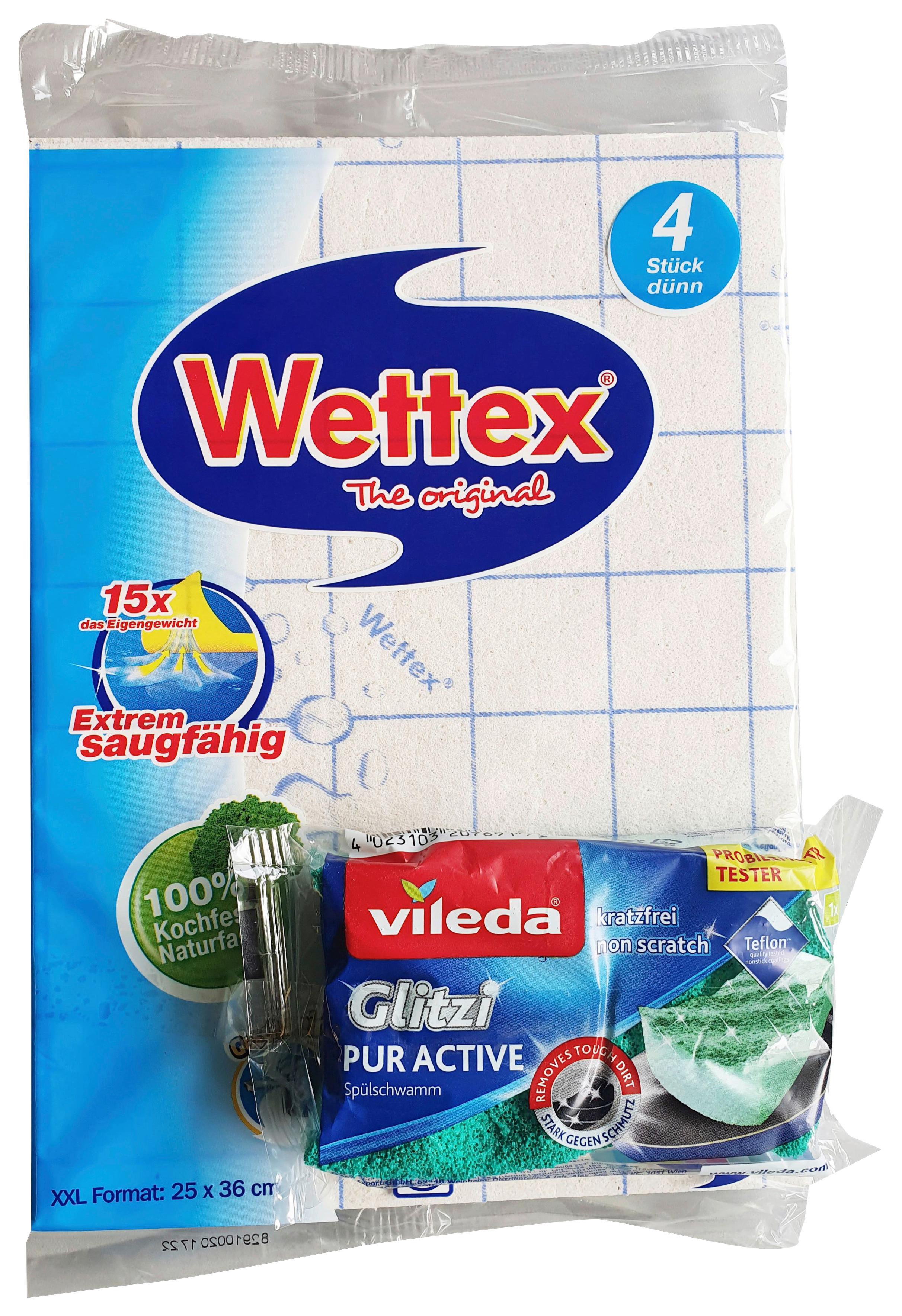 Schwammtuch Wettex Dünn 4er Pack + Onpack - Blau/Weiß, Basics, Textil (18,5/28/3cm) - Wettex