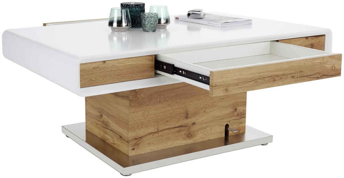 Couchtisch Mit Lade Kopenhagen, Eiche Dekor/weiß - Edelstahlfarben/Eichefarben, MODERN, Holzwerkstoff/Metall (130/49-78/70cm)