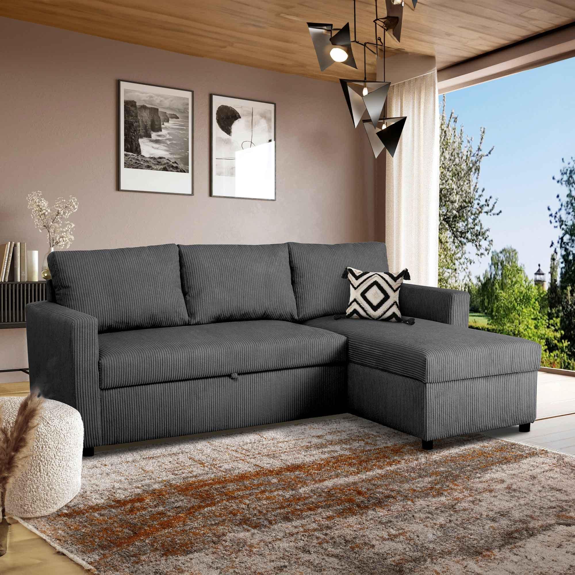 Ecksofa Paris Anthrazit mit Schlaffunktion L: 215 cm - Anthrazit/Schwarz, Basics, Holz/Holzwerkstoff (215/145cm)