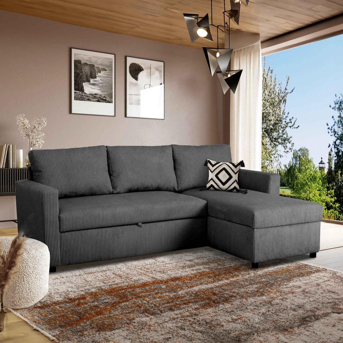 Ecksofa Mit Schlaffunktion Paris Anthrazit Cord 215x145cm - Anthrazit/Schwarz, Basics, Holz/Holzwerkstoff (215/145cm)