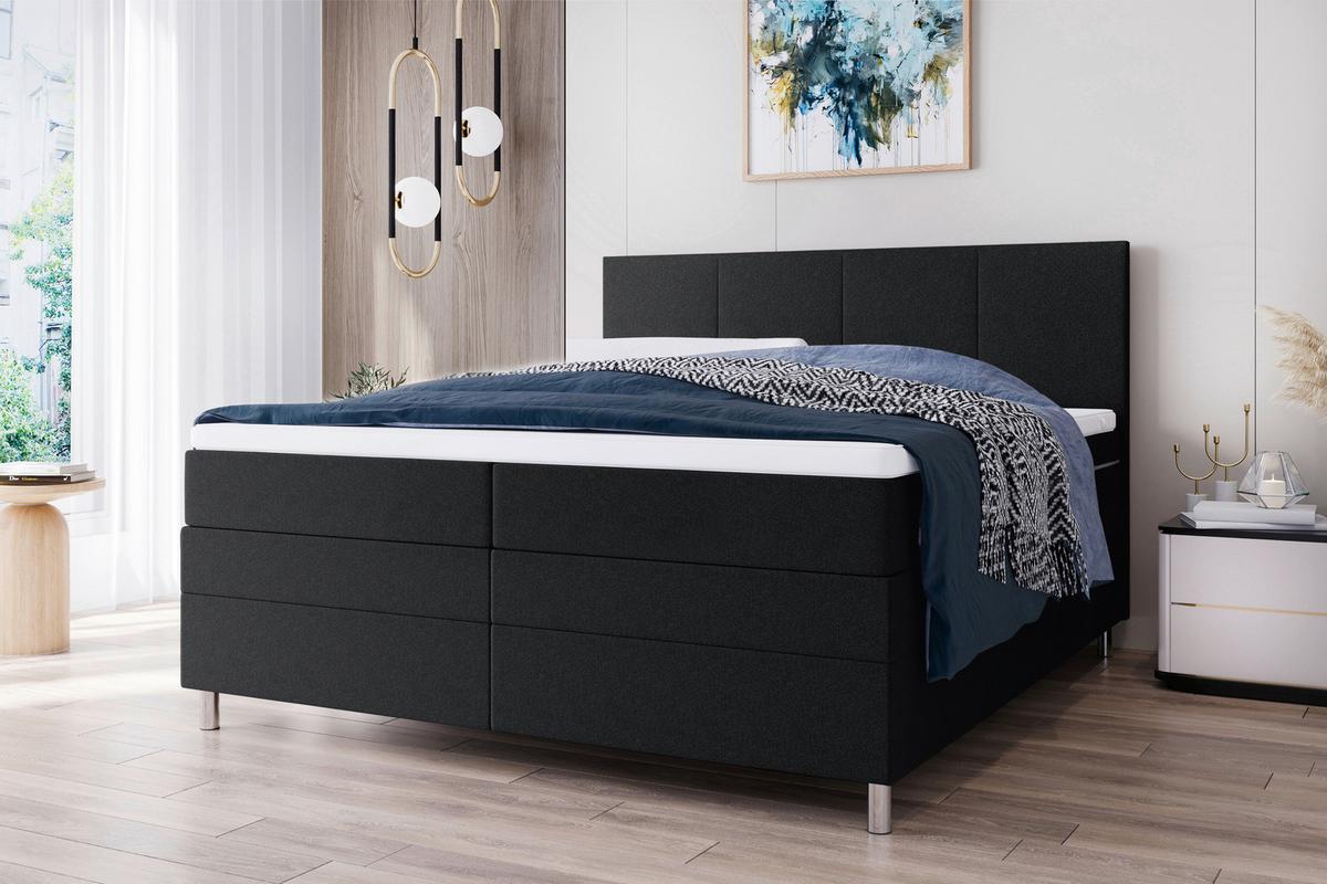 Boxspringbett mit Topper & Bettkasten 160x200 cm Messina - Chromfarben/Schwarz, KONVENTIONELL, Textil (160/200cm)