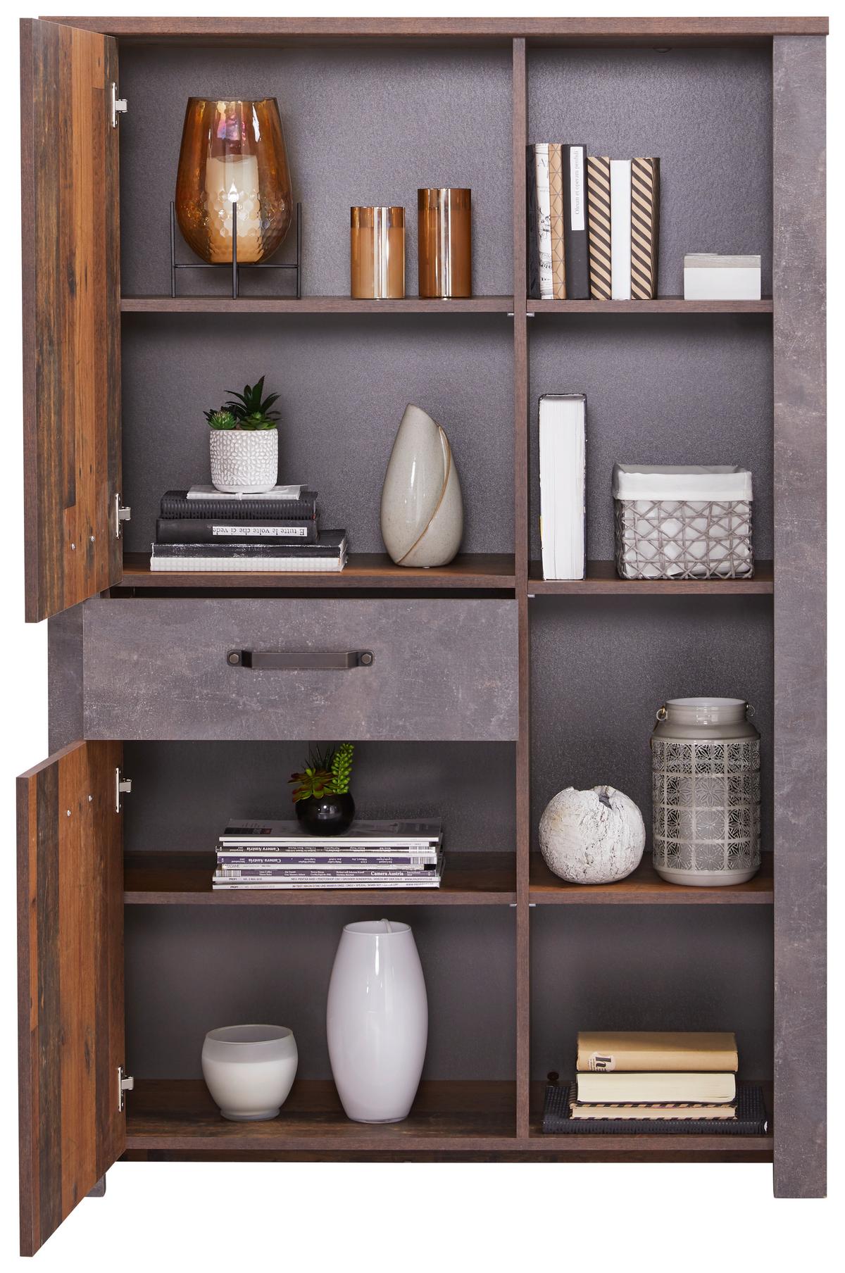 Wohnkombination 4 Tlg. Ontario, Old Style/betonoptik - Eichefarben/Dunkelgrau, Trend, Glas/Holzwerkstoff (352,4/200/41,5cm) - Ondega