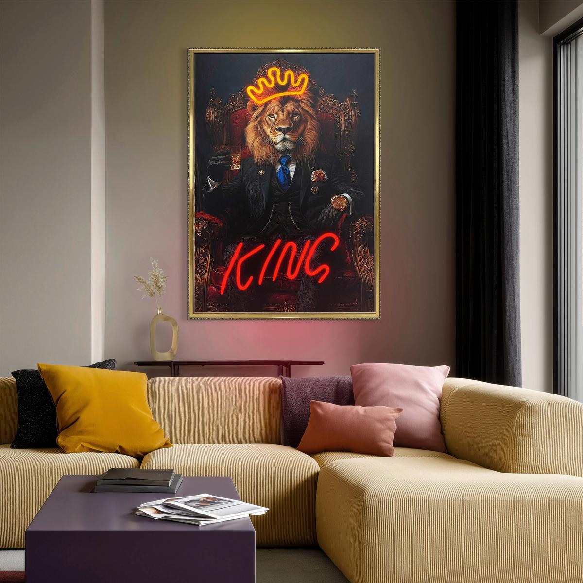 LED-Bild Neon Gold King Lion - Schwarz, Basics, Holzwerkstoff/Kunststoff (70/100/3,5cm)