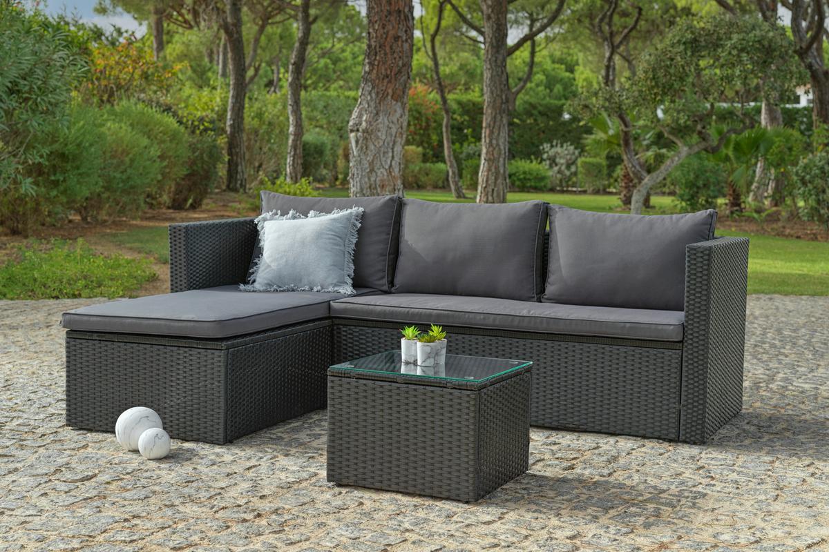 Loungegarnitur 3-Tlg. Bergen Stahl/Polyrattan mit Kissen - Dunkelgrau/Schwarz, MODERN, Glas/Kunststoff