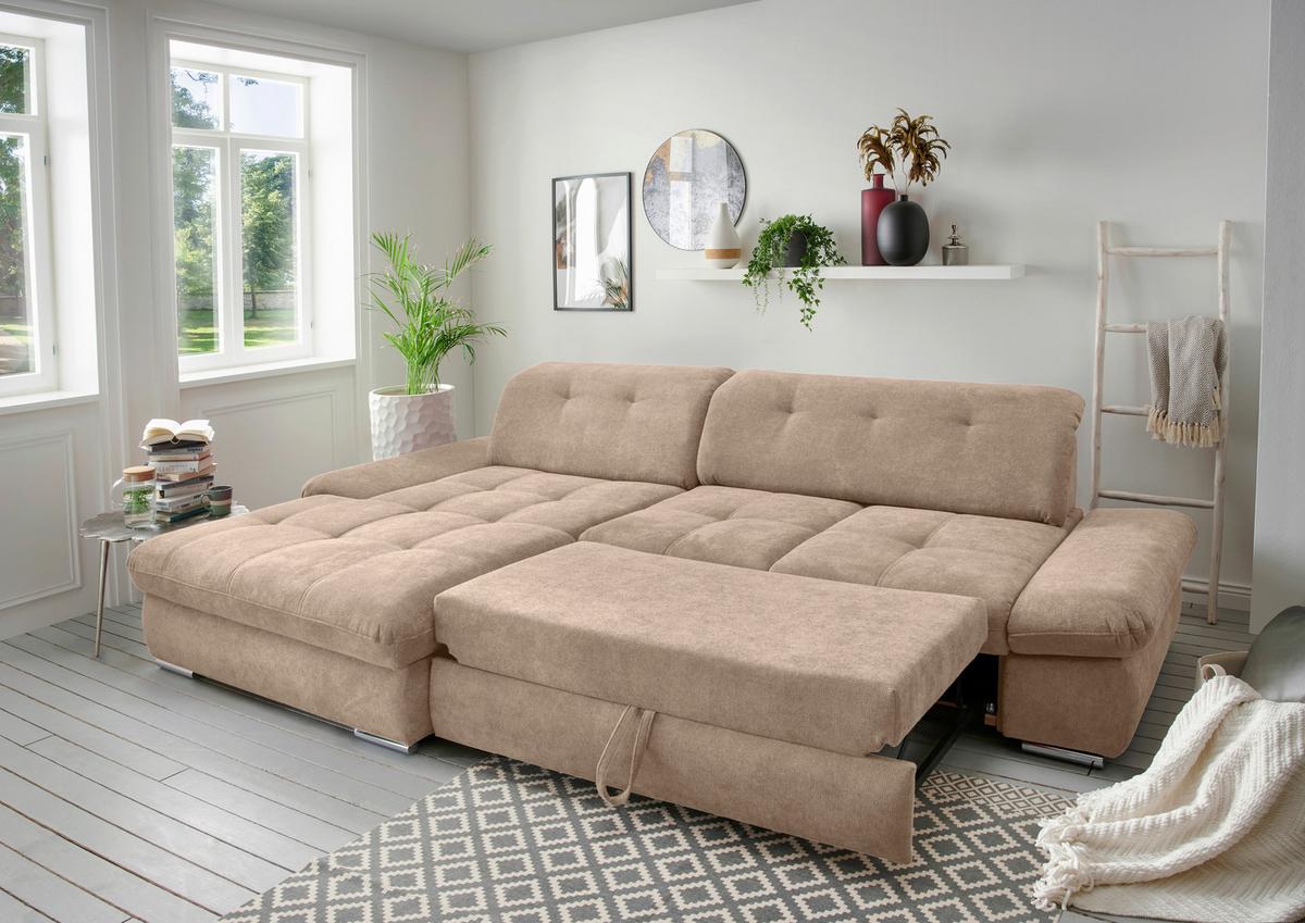 Ecksofa Dalida Hellbraun S: 196x300 cm - Chromfarben/Hellbraun, Design, Textil (196/300cm) - Livetastic