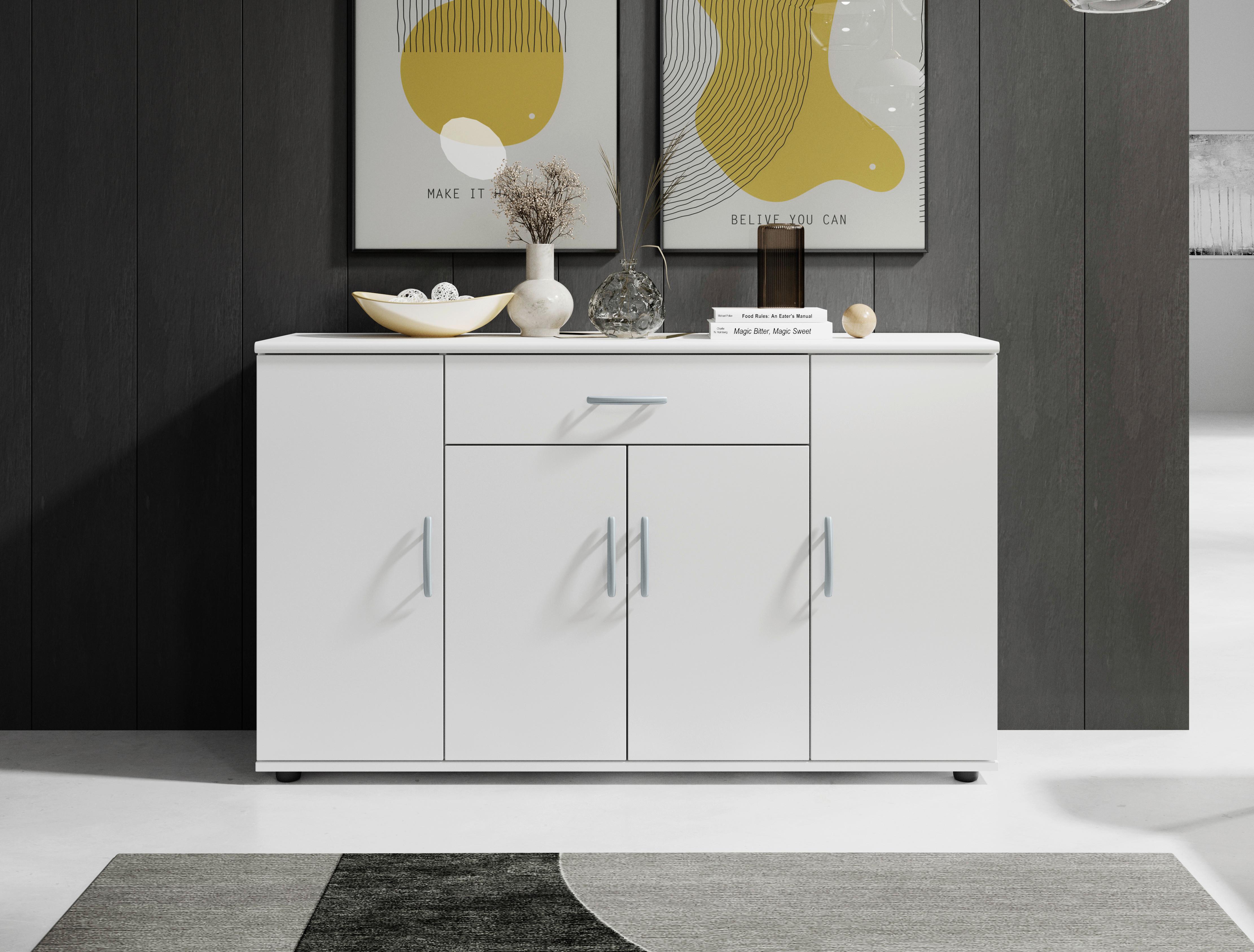 Kommode 118 cm Lilly Weiß - Silberfarben/Weiß, KONVENTIONELL, Holzwerkstoff (118/70/30cm) - Carryhome