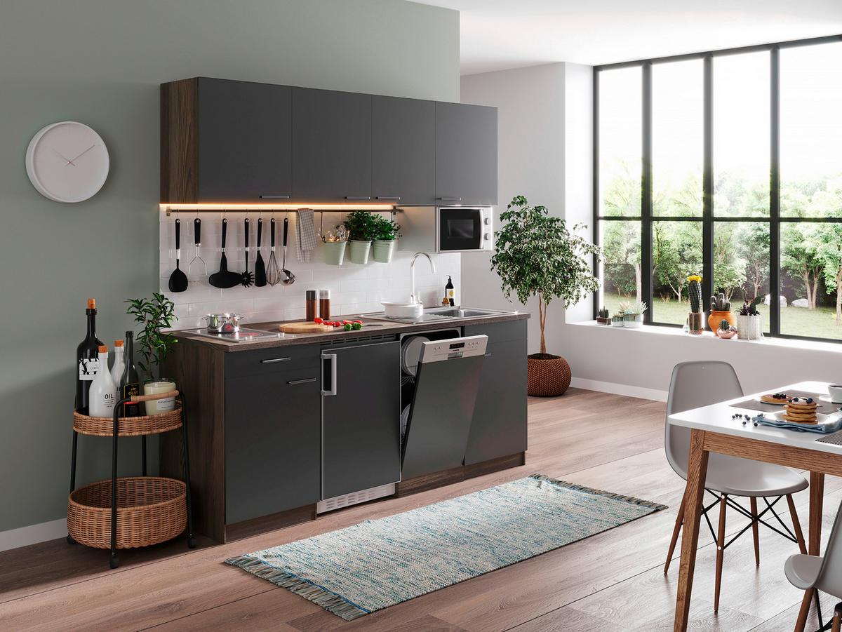 Küchenzeile Economy M. Geräten 195 Cm Grau/eiche Dekor Modern - Eichefarben/Grau, Basics, Holzwerkstoff (195cm) - Respekta