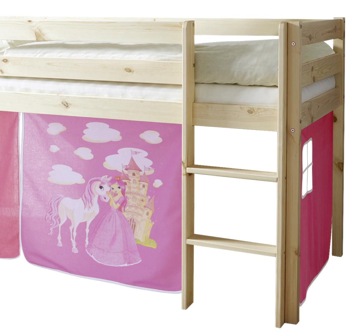 Spielbett Malte Pink Kiefer Massiv 90 cm Vorhang Leiter - Pink/Naturfarben, Natur, Holz (90/200cm) - MID.YOU