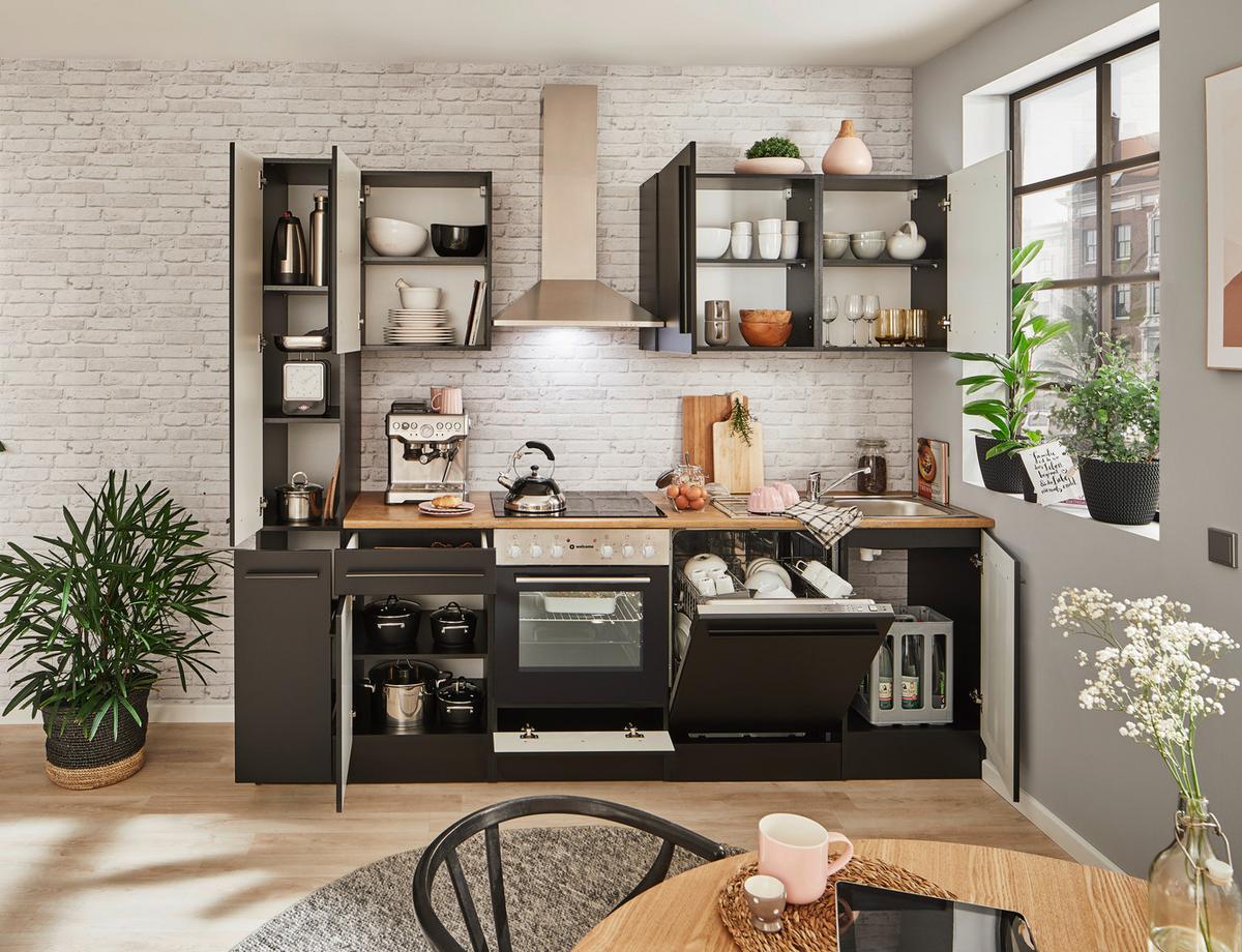 Küchenblock Jazz 8 250 Schwarz B: 250 cm - Eichefarben/Schwarz, LIFESTYLE, Holzwerkstoff (250cm) - MID.YOU