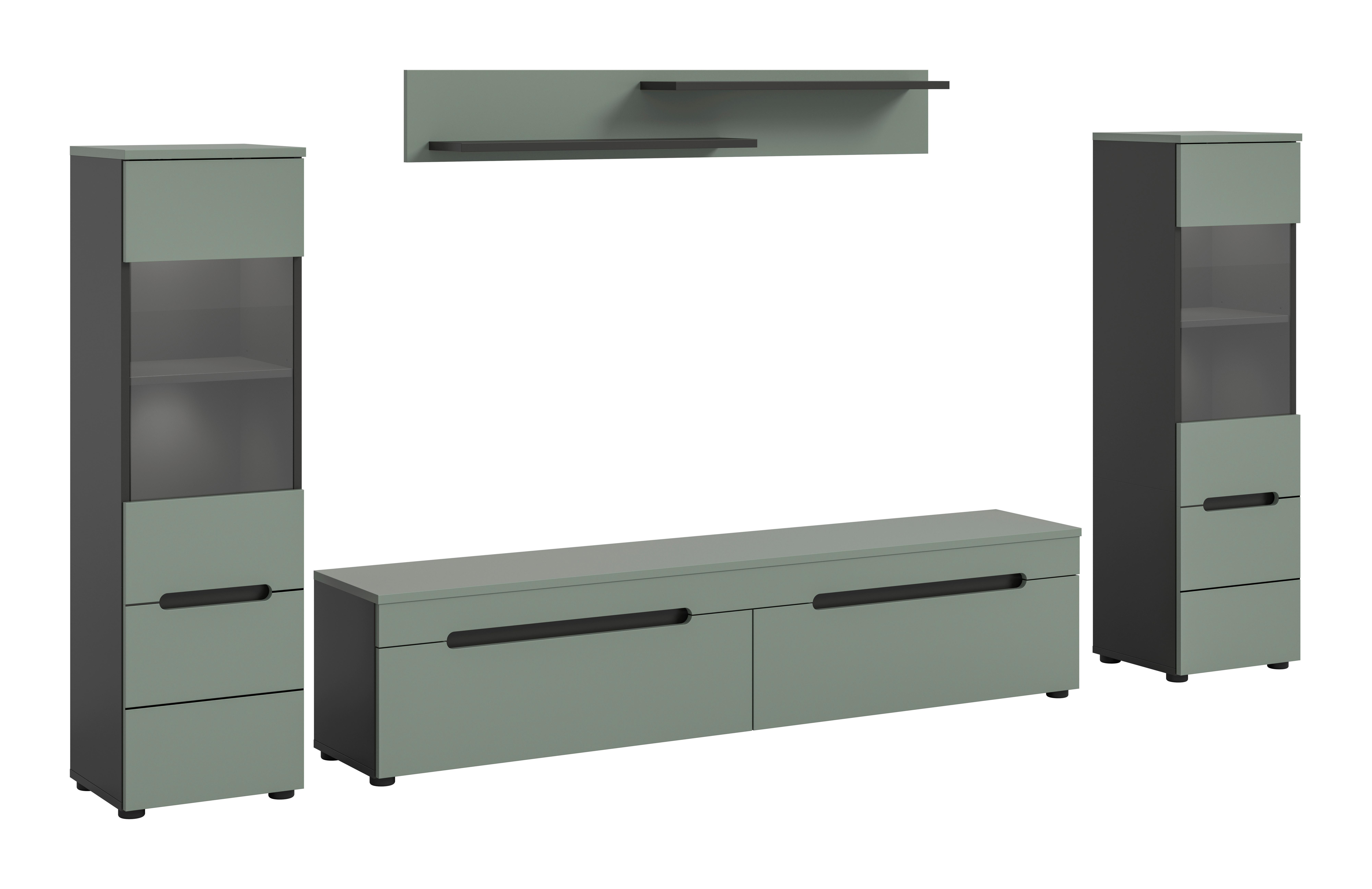 WOHNWAND Canu Graugrün B: 272cm - Schwarz/Graugrün, Design, Holzwerkstoff (272/141/33cm) - Livetastic