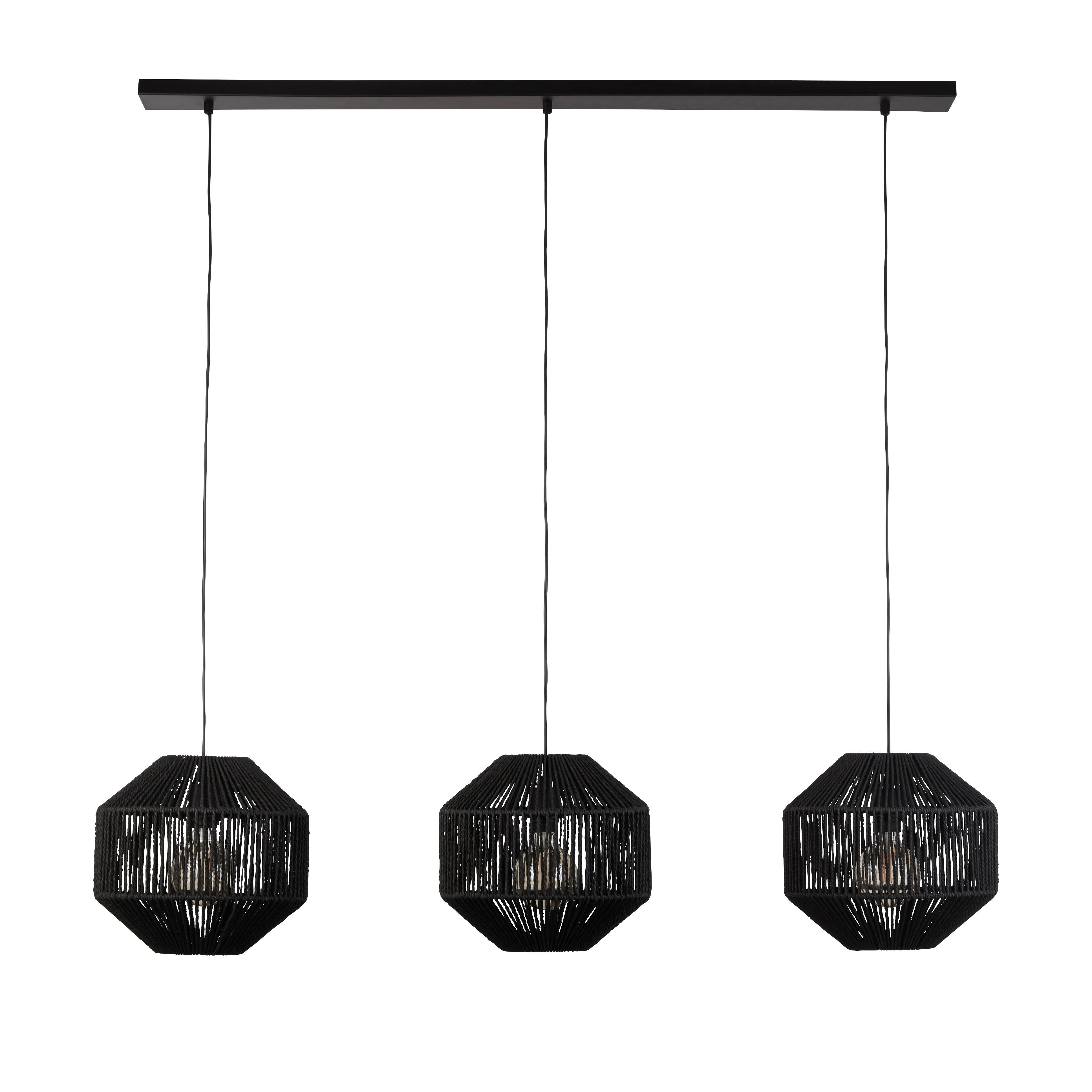 Hängeleuchte Wicker H: 130 cm, 3-Flammig, höhenverstellbar - Schwarz, Design, Textil/Metall (130/130/30cm)