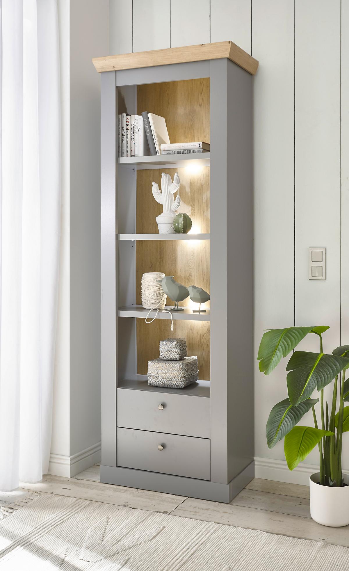 Vitrine Chambord Hellgrau/Eiche Dekor B: 71cm - Eichefarben/Hellgrau, Design, Holzwerkstoff (71/201/37cm) - MID.YOU