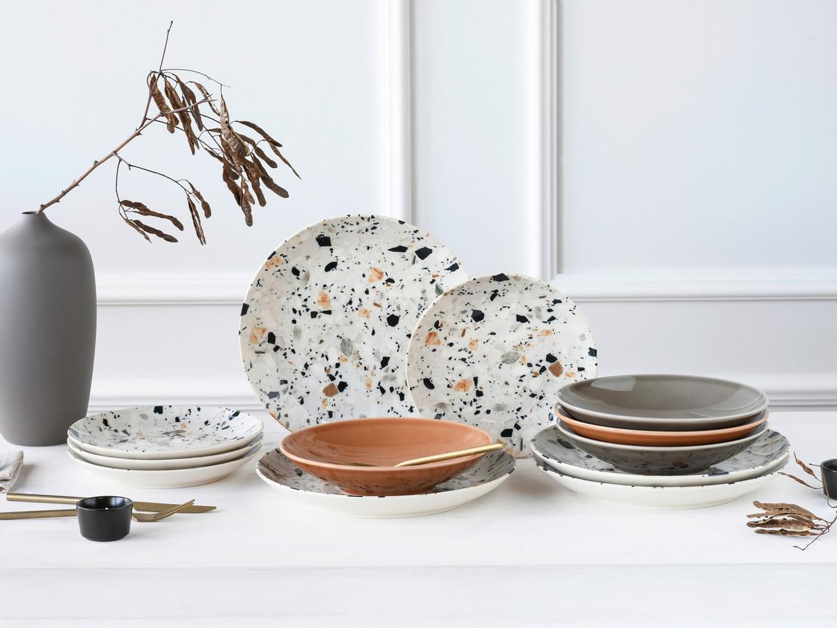 Tafelservice Terrazzo Mix, Grau, 12-Tlg. - Koralle/Multicolor, Basics, Keramik - Creatable