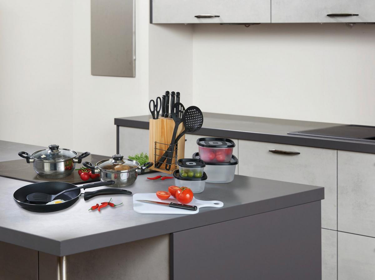 Küchen-Starterset Kunststoff/ Metall, 18-teilig - Schwarz/Weiß, Basics, Glas/Holz (39/16,5/41,5cm)