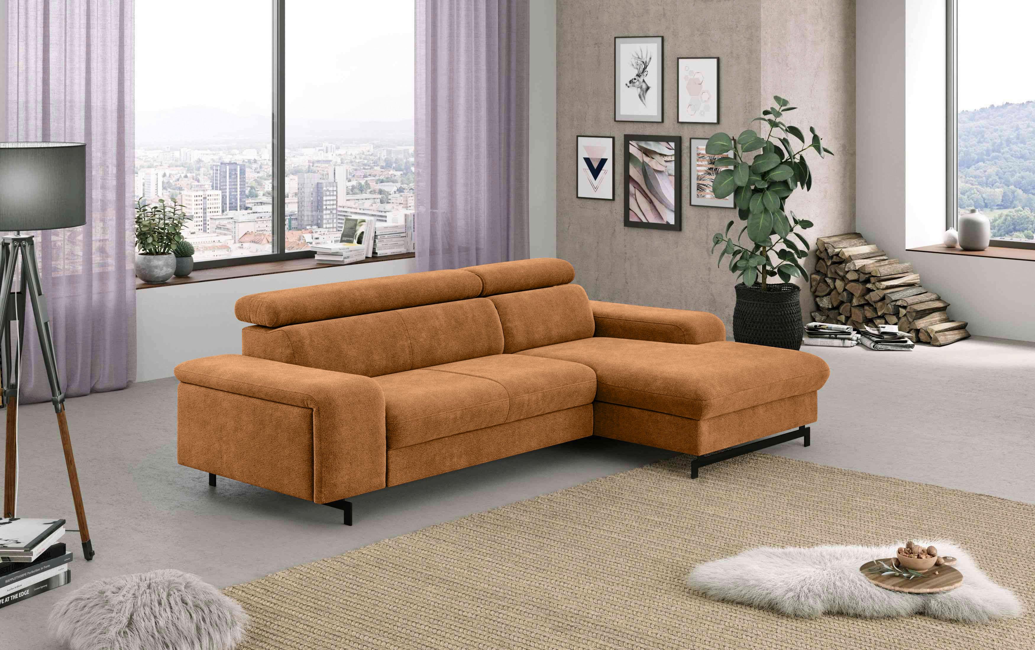Ecksofa Mit Bettkasten Emma Cognac 267x165 Cm - Cognac/Schwarz, Textil (267/165cm) - MID.YOU